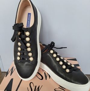 Stuart Weitzman Excelsa Black Leather Faux Pearl Sneakers